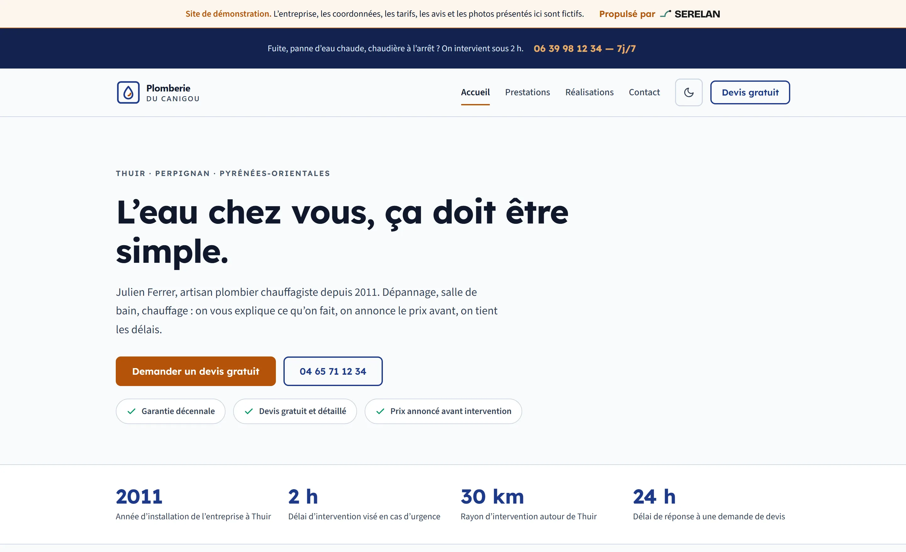 Page d’accueil du site Plomberie du Canigou : bandeau d’urgence, titre « L’eau chez vous, ça doit être simple », bouton de devis et repères chiffrés.